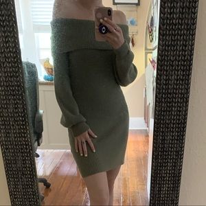 Off the shoulder green sweater dress